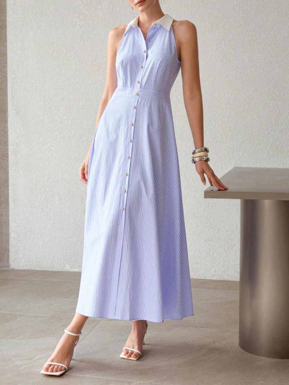 Blue Striped Contrast Collar Sleeveless Button-Front Maxi Dress